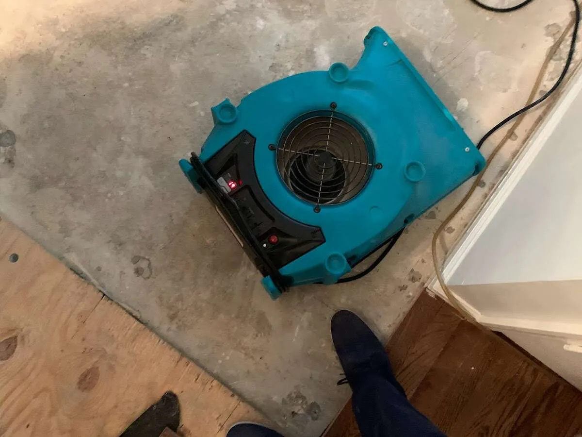 Air mover drying subfloor during Leak Detection & Repair in New Windsor
